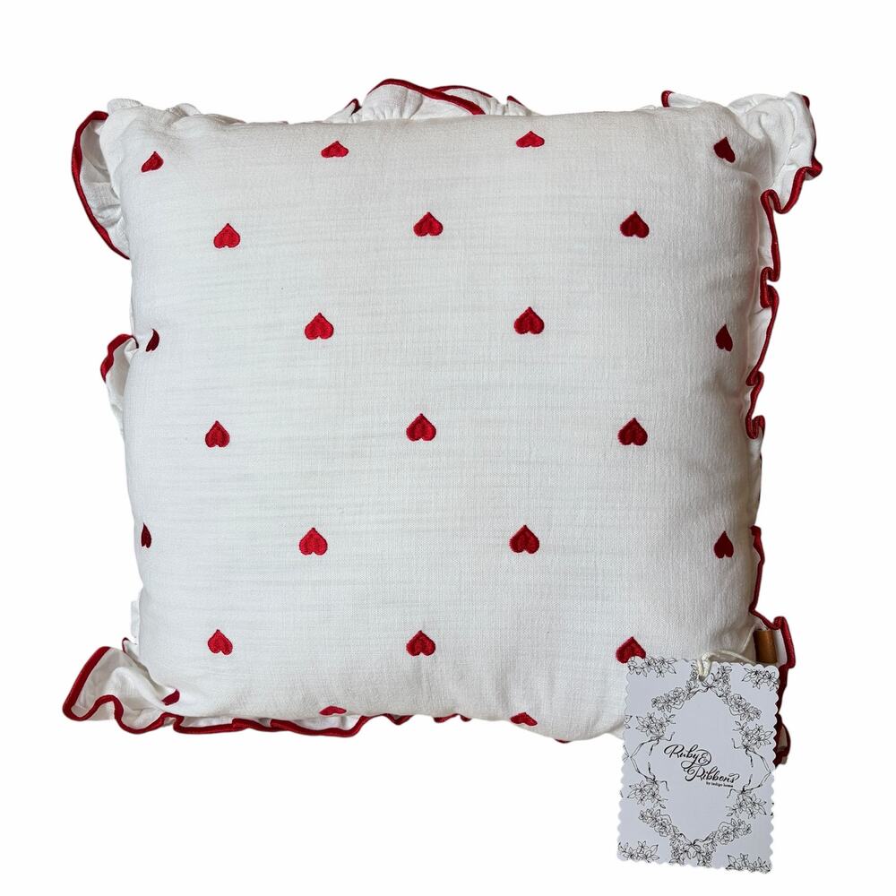 Ruby & Ribbons Embroidered Hearts Ruffle Pillow 18x18 Red White Valentine XO New